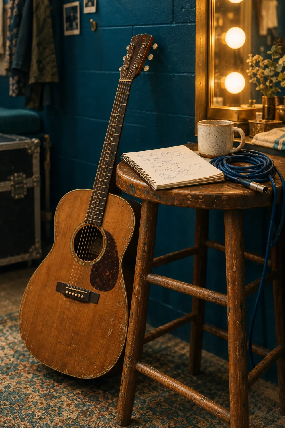 A worn acoustic guitar leaning on a wooden stool backstage, with a set-list notebook, coiled mic cable, and mirror lights against a deep blue wall
