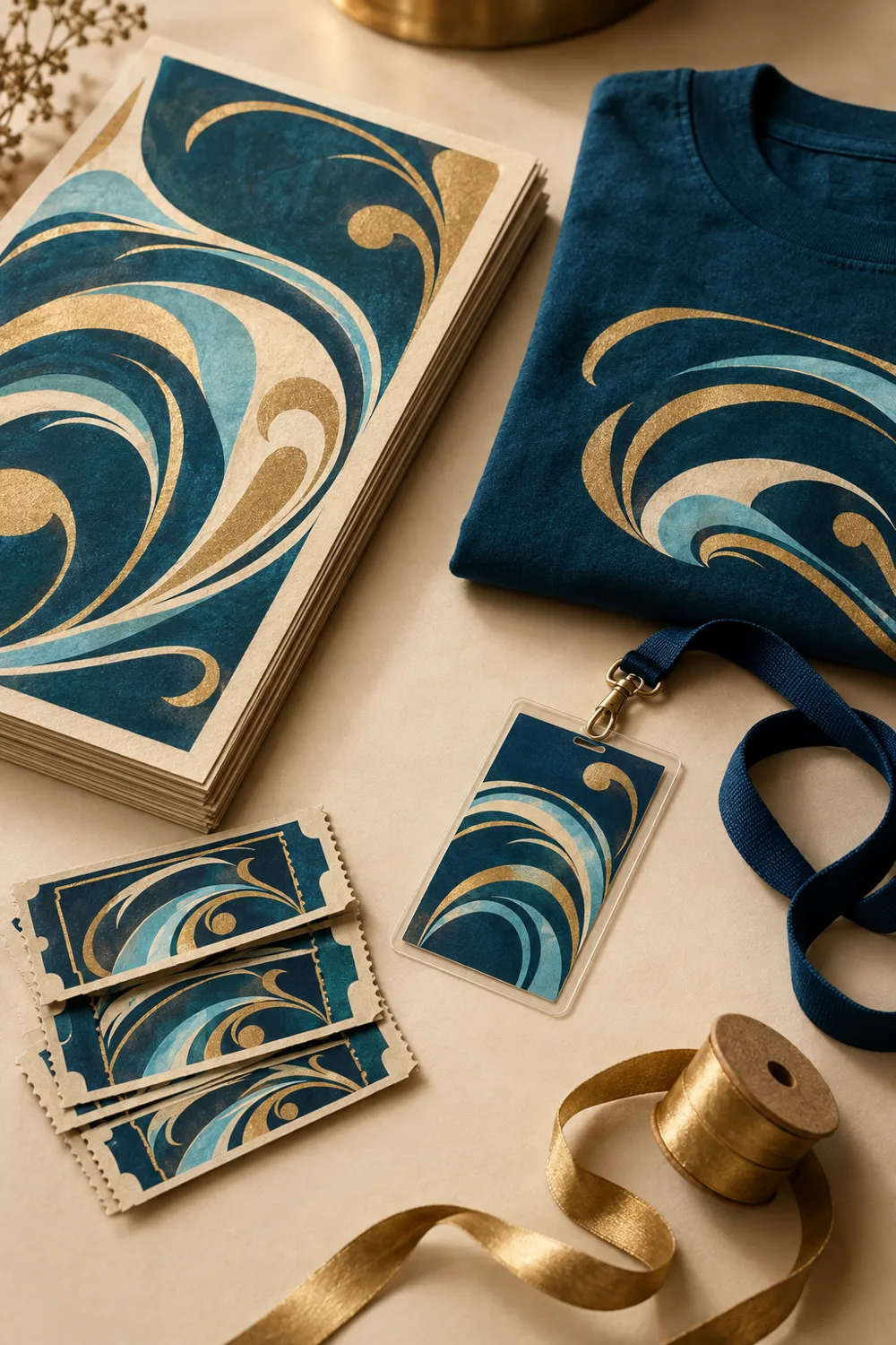 Show posters, tickets, a backstage pass, and a folded tee in deep blue and gold