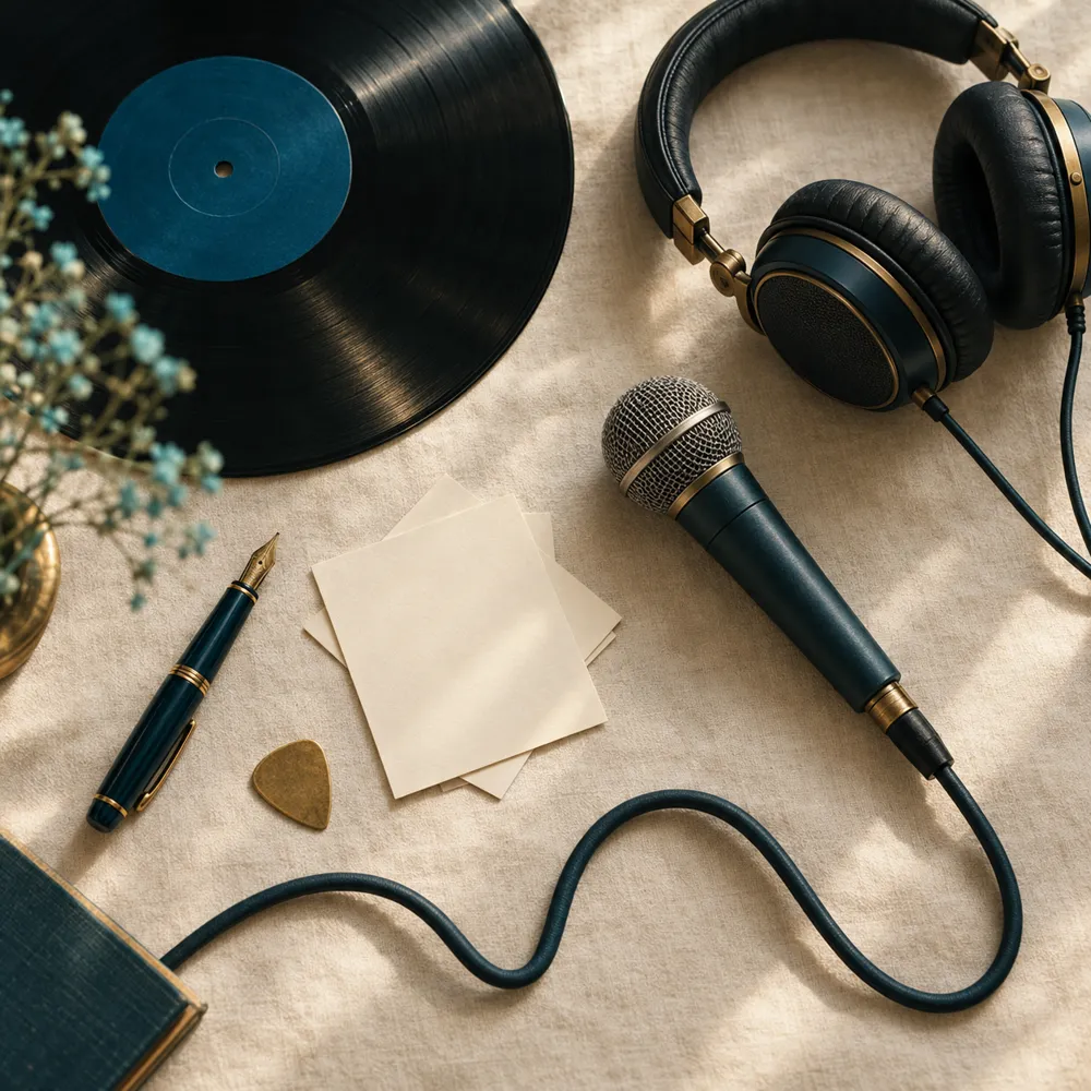 A vinyl record, studio headphones, a vocal microphone, a fountain pen, and a guitar pick laid out on cream linen